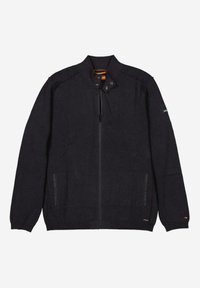 Dark-colored zip-up jacket made of soft fabric, featuring a stand-up collar, side pockets, and subtle branding on the sleeve.