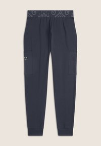 Pantalones cargo en un oscuro color navy con cintura elástica, dos bolsillos laterales y una textura suave. La cintura presenta un patrón sutil.