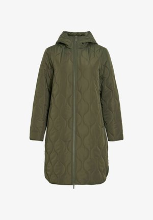Veste matelassée vert olive avec capuche, dotée d'une fermeture éclair sur toute la longueur, de manches longues et d'une coupe mi-longue avec des motifs de couture courbés.