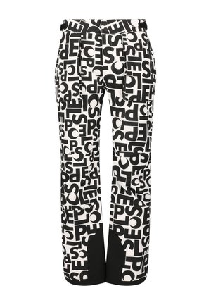 Schwarz-weiße Hosen mit einem auffälligen grafischen Buchstabenmuster, im entspannten Schnitt und mit schmal zulaufenden Beinen, aus leichtem Stoff gefertigt.