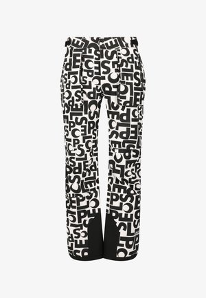 Black and white trousers featuring a bold graphic pattern of letters, with a relaxed fit and tapered legs, made from lightweight fabric.
