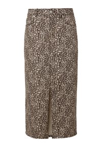 Brąskowa spódnica dżinsowa w lamparcze wzory o prostym kroju, długości do kolan, z rozcięciem z przodu i dwiema kieszeniami. Posiada metalowe detale w postaci guzików.