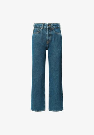 Blue high-waisted jeans with a straight, wide leg silhouette. Made from denim, featuring standard front pockets and a zipper fly.