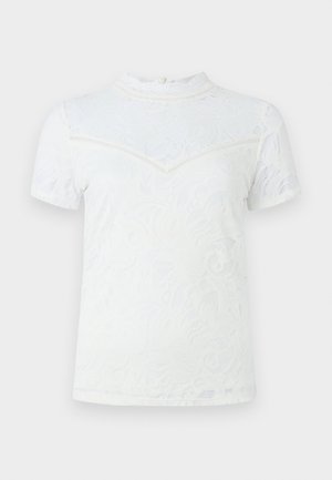 Bela kratka majica s kratkimi rokavi, okrašena z rožnatim čipkastim slojem, ovratnikom in zapiranjem z gumbi na hrbtni strani ter teksturiranimi šivi.