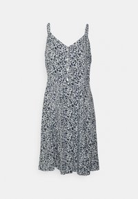 Mörkblå och vit blommig ärmlös klänning med knappar fram och smala axelremmar.