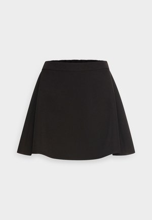 Schwarzer Skater-Rock aus weichem Stoff mit glatter Textur, ausgestattet mit einem taillierten Bund und einem ausgestellten A-Linien-Design.