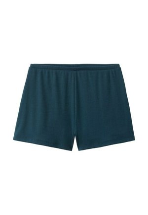 Temno petrolejasti kratki hlače iz rebrastega blaga z elastičnim pasom in ravnim robom, položene na ravno belo ozadje.