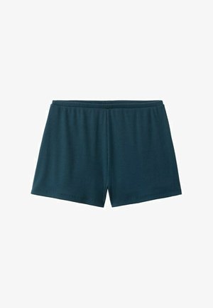 Dunkeltealfarbene, gerippte Stoffshorts mit elastischem Bund und geradem Saum, flach auf einem weißen Hintergrund liegend.