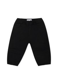 Pantaloni di cotone neri con cintura elastica, due tasche anteriori, gambe affusolate e polsini arricciati. Presenta un piccolo emblema vicino alla tasca.