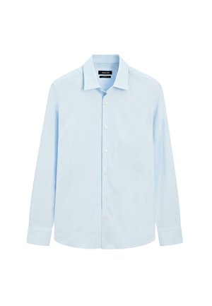 Camicia a maniche lunghe di cotone di colore blu chiaro, con colletto classico, chiusura anteriore con bottoni e polsini con bottoni. Texture liscia su tutta la superficie.