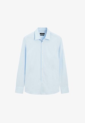 Camicia a maniche lunghe di cotone di colore blu chiaro, con colletto classico, chiusura anteriore con bottoni e polsini con bottoni. Texture liscia su tutta la superficie.