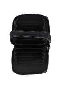 Zwarte ritssluiting portemonnee met een textuurinterieur, meerdere kaartsleuven en een gladde textielvoering. Inclusief stevige ritshardware.