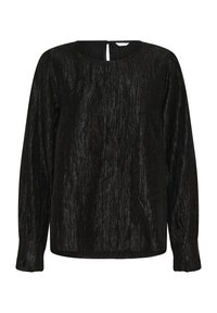 Schwarze Bluse mit langen Ärmeln und strukturierter, faltiger Oberfläche. Verfügt über einen runden Ausschnitt und einen Schlüssel-Lochverschluss am Rücken. Glattes Gewebe mit subtiler glänzender Oberfläche.