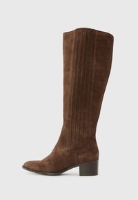 Bottes en suède marron, hauteur genou, avec un bout pointu et un talon carré. Présente des coutures verticales le long de la tige pour ajouter de la texture et du style.