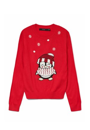 Raudonas megztinis su pingvino motyvu, turinčiu juostuotą kepurę ir šalį, papuoštas baltais snaigėmis. Apvalus iškirpimas ir raukšlėti rankogaliai.