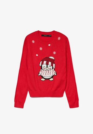 Raudonas megztinis su pingvino motyvu, turinčiu juostuotą kepurę ir šalį, papuoštas baltais snaigėmis. Apvalus iškirpimas ir raukšlėti rankogaliai.