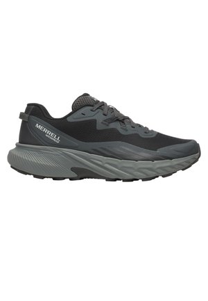 Chaussure de sport imperméable Merrell noire et grise avec semelle texturée, design à lacets et col rembourré, vue de profil.