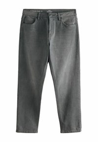 Grå denim bukser med lige pasform, fem-lomme design og synlig syning. Har en knap og lynlås lukning.