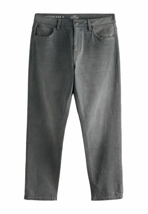 Szürke farmernadrág egyenes szabással, öt zsebbel és látható varrással. Gombos és cipzáras záródással rendelkezik.