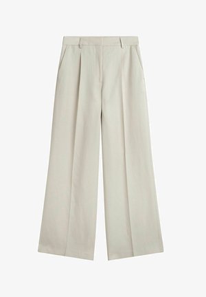 Beżowe szerokie spodnie z przodu z zakładkami, bocznymi kieszeniami, szlufkami na pasek i gładkim pasem, zaprojektowane dla swobodnego kroju.