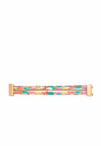 Multi-strand bracelet featuring colorful beads in pink, blue, and gold with a cowrie shell accent and a gold clasp. Textured and playful design.