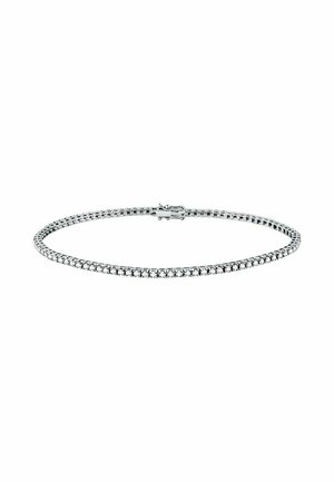 Silver-tone bracelet with linked segments, featuring small, clear, round stones set in a row. Clasp closure. Smooth, polished finish.