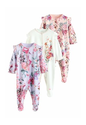 Tre blomsterdetaljerede babyrompers i lavendel, hvid og pink, med flæseærmer, knaplukninger og uden fod.