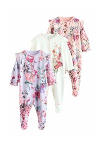 Tre romper per neonati con pattern floreale nei colori lavanda, bianco e rosa, caratterizzati da maniche arricciate, chiusure con bottoni e design con piedi.
