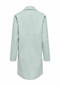 Długi, jasnoszary płaszcz z długimi rękawami i kołnierzem, pokazany od tyłu na białym tle.