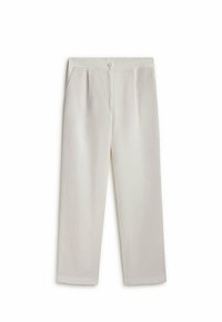 Pantalons beige clair à coupe loose, avec fermeture à bouton, poches latérales et tissu texturé pour un confort accru.