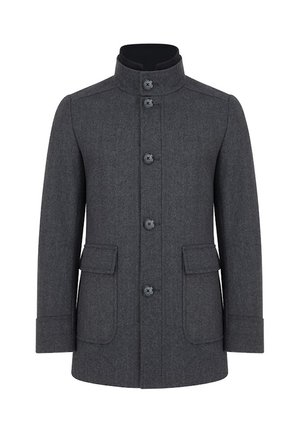 Szary wełniany płaszcz z wysokim kołnierzem, pięcioma guzikami, dwoma przednimi kieszeniami i prostym krojem. Charakteryzuje się delikatną strukturą i dopasowanym fasonem.