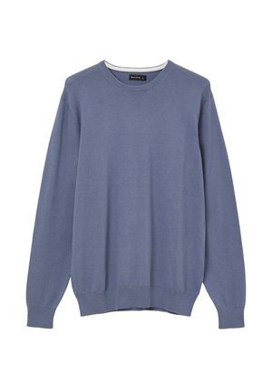Maglione a girocollo azzurro chiaro con maniche lunghe, realizzato in tessuto liscio, con polsini e orlo a costine. Etichetta visibile sul collo.