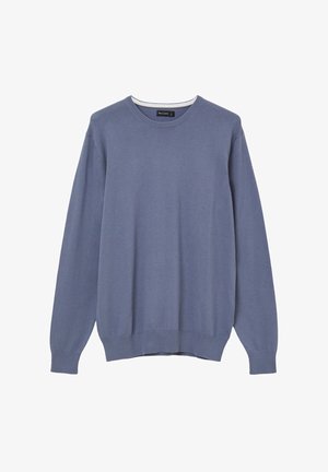 Maglione a girocollo azzurro chiaro con maniche lunghe, realizzato in tessuto liscio, con polsini e orlo a costine. Etichetta visibile sul collo.