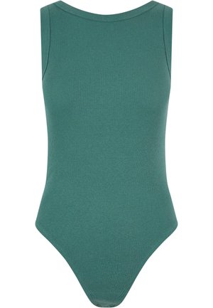 Grön ribbad bodysuit med rund halsringning och ärmlös design, med en sömlös textur och högskurna benöppningar.