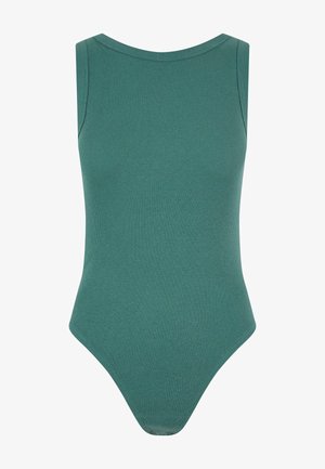 Grønn ribbestrikket bodysuit med rund hals og uten ermer, med en sømløs tekstur og høyt kutt i benåpningene.