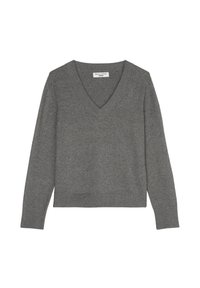 Harmaa V-päänti neulepaita, joka on valmistettu pehmeästä neuloksesta. Siinä on pitkät hihat ja ribbaus helmasssa. Minimalistinen muotoilu ilman kuvioita tai metalliosia.