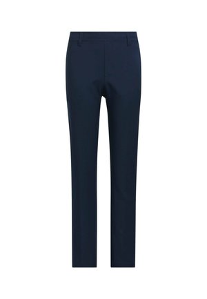 Granatowe spodnie o prostych nogawkach z szlufkami na pasek i gładkim przodem, pokazane na białym tle.