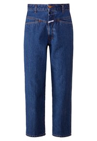 Tmavě modré džíny s vysokým pasem vyrobené z denimu, s rovnými nohavicemi, viditelným švem a knoflíkovým zapínáním v pase.