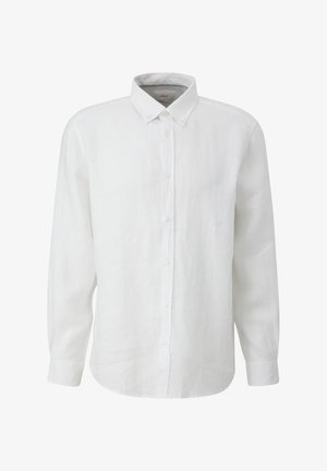 Chemise blanche à manches longues et boutonnière, en lin léger, avec un col classique, une patte de boutonnage à l'avant et un ourlet arrondi.