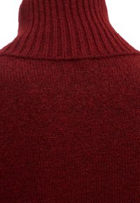 Maglione a maglia rossa con colletto alto a coste, superficie testurizzata e tessuto morbido. La vista posteriore mostra un colore e un motivo solidi e uniformi.