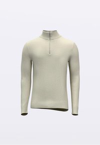 Πουλόβερ με μισή ζώνη σε μαλακό, ανοιχτό μπεζ ύφασμα. Διαθέτει μακριά μανίκια, ριμπ μανσέτες και τελείωμα, με διακριτική υφή και μίνιμαλ σχεδιασμό.