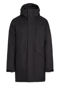 Czarna wodoodporna parka z wysokim kołnierzem i regulowanym kapturem. Posiada zasuwaną kieszeń na piersi oraz skośne kieszenie z przodu, elegancki i minimalistyczny design.