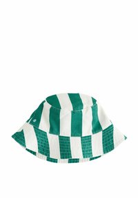 Cappello a secchi verde e bianco a righe con una larga visiera, realizzato in tessuto di cotone, con dettagli cuciti e un accentuato bottone circolare.