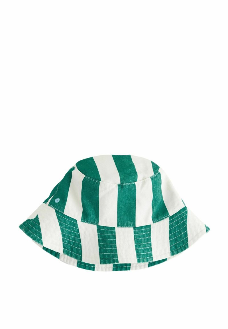 Cappello a secchi verde e bianco a righe con una larga visiera, realizzato in tessuto di cotone, con dettagli cuciti e un accentuato bottone circolare.