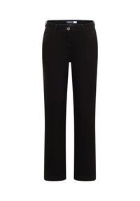 Pantalones negros de corte recto hechos de una mezcla de algodón suave. Cuentan con bolsillos frontales, cierre central con botón y detalles mínimos de costura.