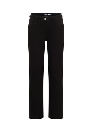 Černé kalhoty s rovnými nohavicemi z měkké bavlněné směsové látky. Mají přední kapsy, zapínání na knoflík uprostřed a minimální prošívání.