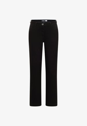 Černé kalhoty s rovnými nohavicemi z měkké bavlněné směsové látky. Mají přední kapsy, zapínání na knoflík uprostřed a minimální prošívání.