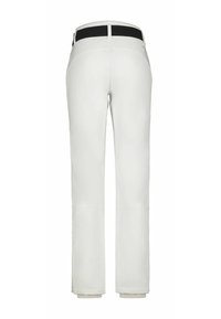 Pantalones blancos de textura suave, con una cintura negra y un diseño de pierna recta. Incluyen puños elásticos en los dobladillos.