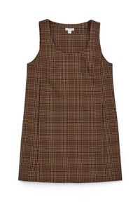 Braun karierter ärmelloser Kleid mit quadratischem Ausschnitt, ausgestattet mit einem strukturierten Stoff und abwechselnd dunklen und hellen Karomustern.