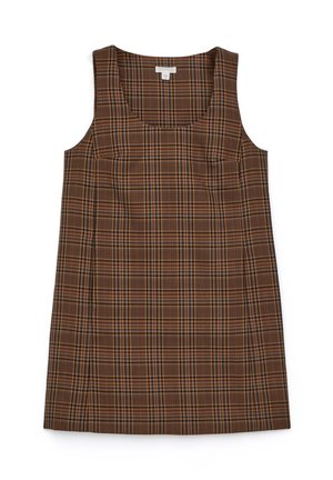 Braun karierter ärmelloser Kleid mit quadratischem Ausschnitt, ausgestattet mit einem strukturierten Stoff und abwechselnd dunklen und hellen Karomustern.